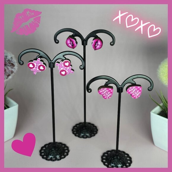 Jewelry - Pink Wooden Stud Earrings - Lips, Hearts & XOXO Designs (NWOT)
